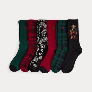 🆕 Polo Ralph Lauren 6-Pack Holiday Bear Cotton-Blend Crew Sox. OS, Men’s 6-11.5